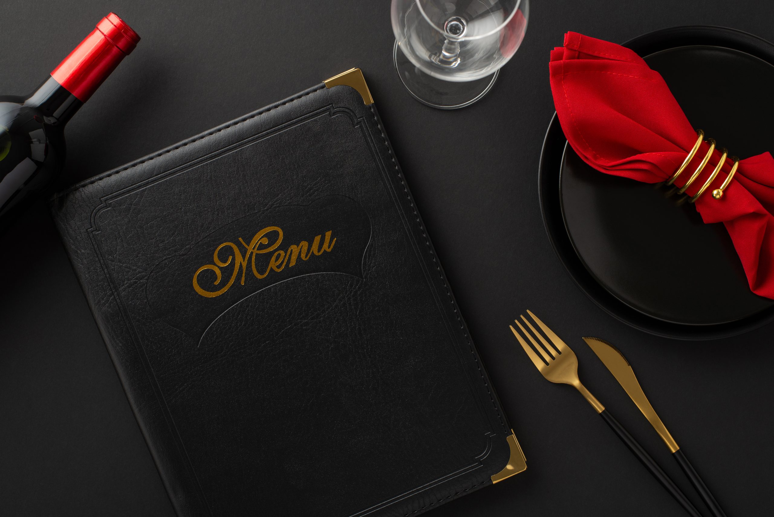 Black Friday special at luxurious restaurant: Top view of meticulously arranged table