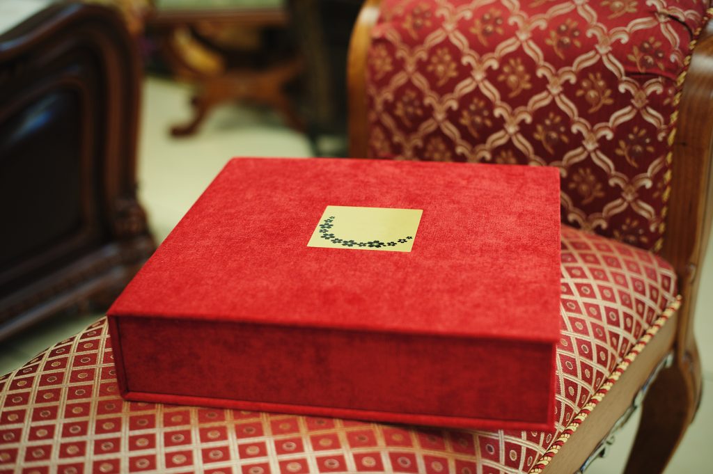 Red textile wedding photo book album